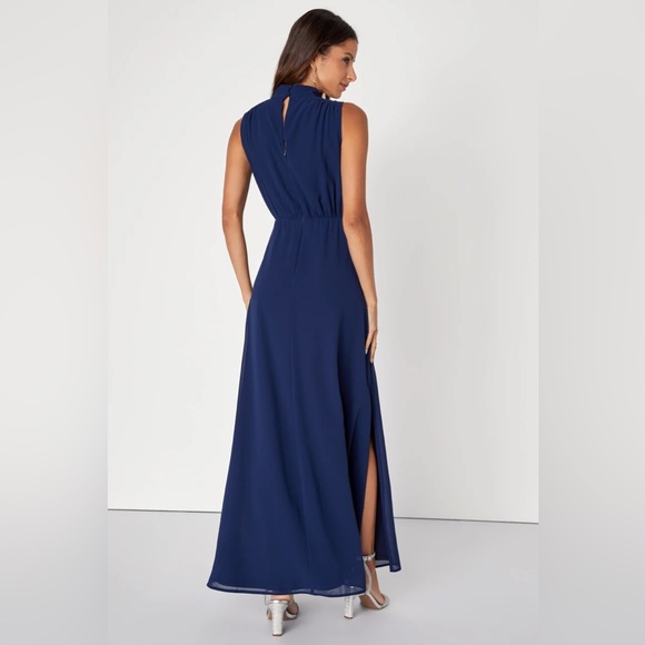Lulus Classic Elegance Navy Chiffon Sleeveless Mock Neck Maxi Dress - Picture 2 of 8